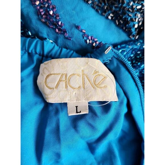 Cache Vintage Beaded Silk Blue Open Back Gown Maxi Dress High Slits Size Large - Picture 5 of 13